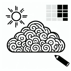 A black and white drawing of a cloud with a pencil