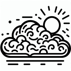 A black and white drawing of clouds and sun