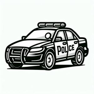 A police car is shown in black and white