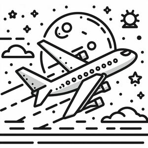 A drawing of a plane flying through the sky