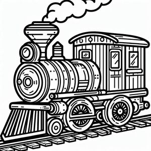 A black and white drawing of a train engine