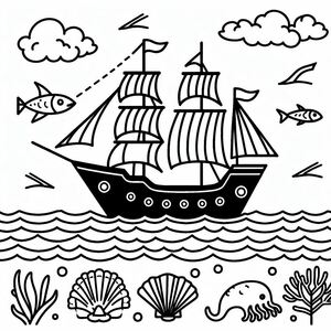 A black and white drawing of a ship in the ocean 2