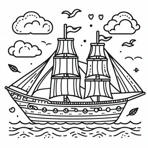 A black and white drawing of a ship in the ocean 4