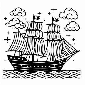 A black and white drawing of a ship in the ocean