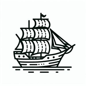 A black and white drawing of a ship