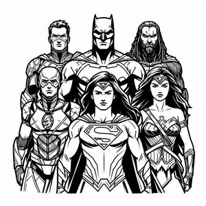 A black and white drawing of a group of superheros 3