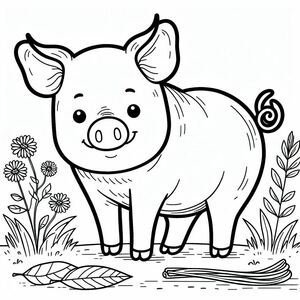 A pig is standing in the grass with flowers