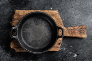 A dirty cast iron skillet