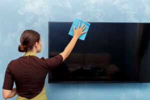 A woman cleaning TV smudges