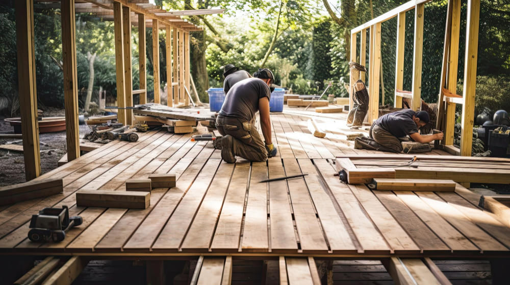 A group of men building a backyard deck