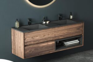 A bathroom vanity with wood material