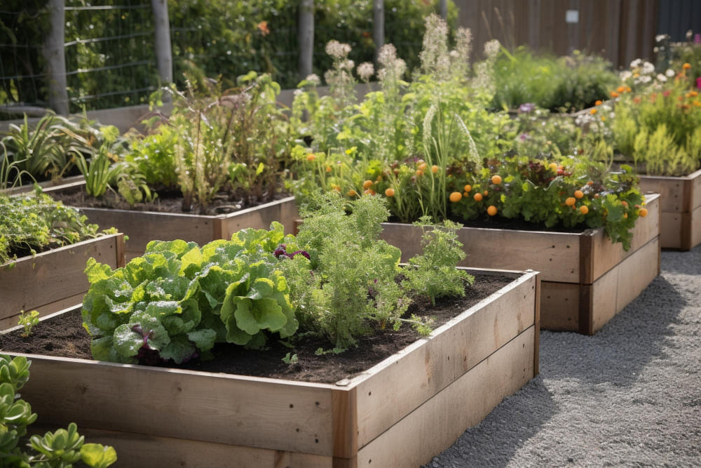 Garden raised beds with plants and vegetables