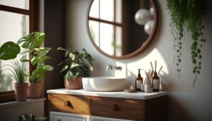 A bathroom vanity with knobs