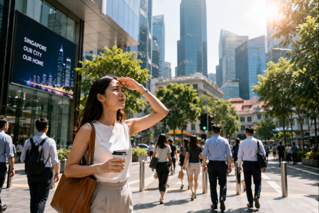 Woman walking outdoors in Singapore sunlight illustrating everyday UV exposure and photoageing