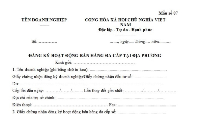 Mẫu đơn đề nghị cấp lại giấy chứng nhận đăng ký hoạt động bán hàng đa cấp