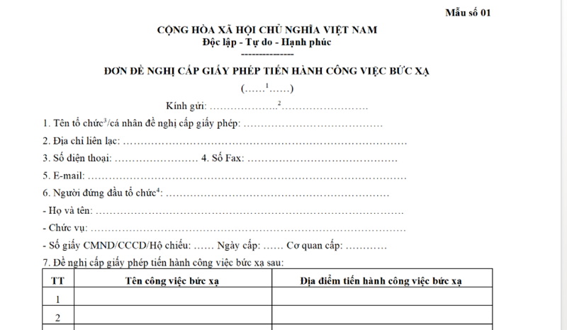 Mẫu đơn đề nghị cấp giấy phép tiến hành công việc bức xạ năm 2024