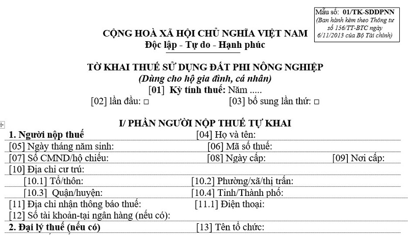 Hướng dẫn khai tờ khai thuế sử dụng đất phi nông nghiệp năm 2024