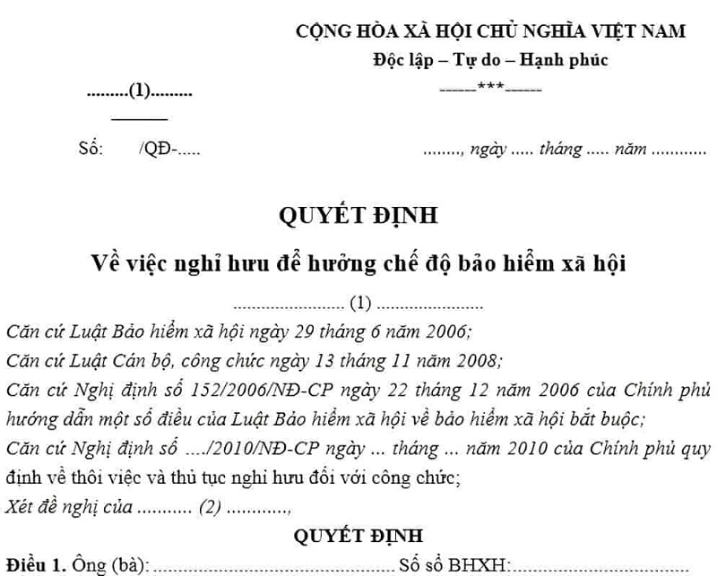 Mẫu quyết định nghỉ việc hưởng chế độ hưu trí năm 2024