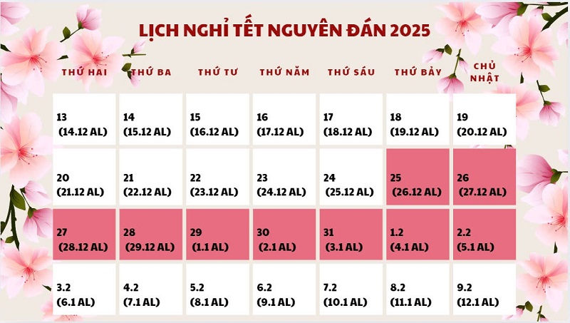 Lịch nghỉ Tết Nguyên đán 2025