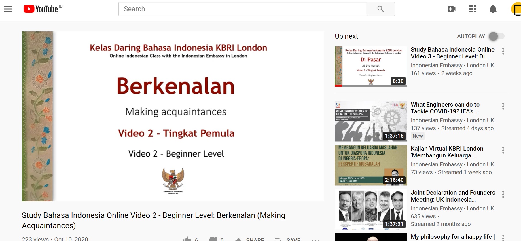 Considering the high interest of foreigners to learn Bahasa Indonesia, the Indonesian Embassy in London has opened an online class via a YouTube account.