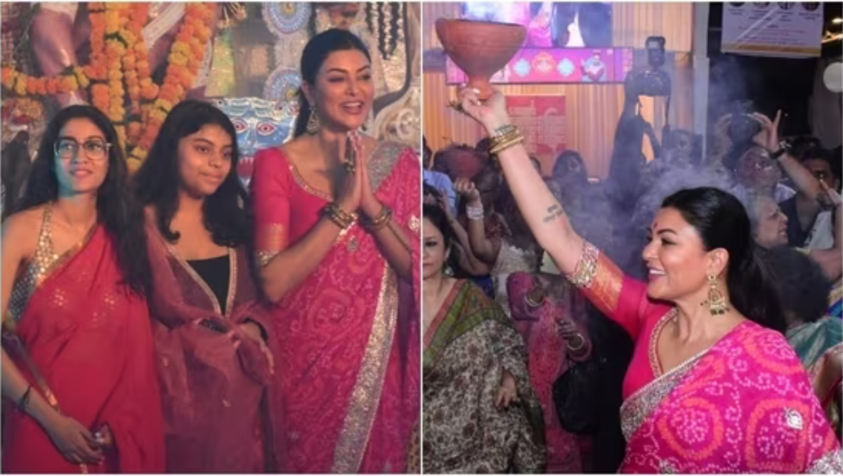 Sushmita Sen looks stunning in pink saree for Durga Puja