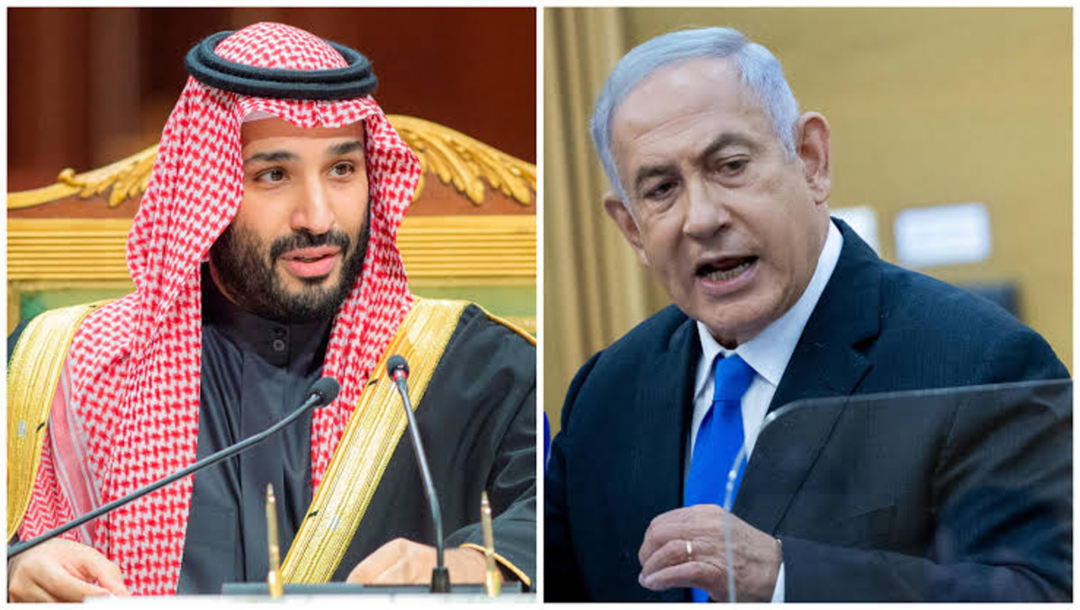 Benjamin Netanyahu (right) during a Likud party meeting at the Knesset in Jerusalem on December 13, 2021; Saudi Crown Prince Mohammed bin Salman (left) speaks during the Gulf Cooperation Council (GCC) Summit in Riyadh, Saudi Arabia, December 14, 2022.