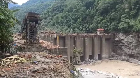 Screengrab from a video showing the Teesta Stage 5 dam in Dikchu, Sikkim still standing.