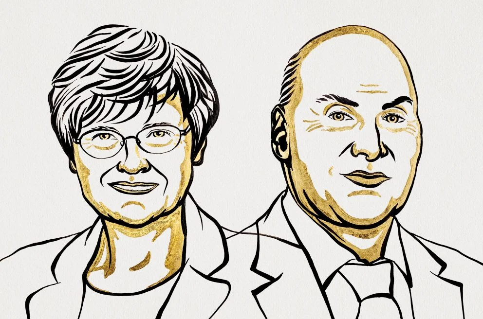 Artist rendition of Nobel Prize winners Katalin Kariko and Drew Weissman