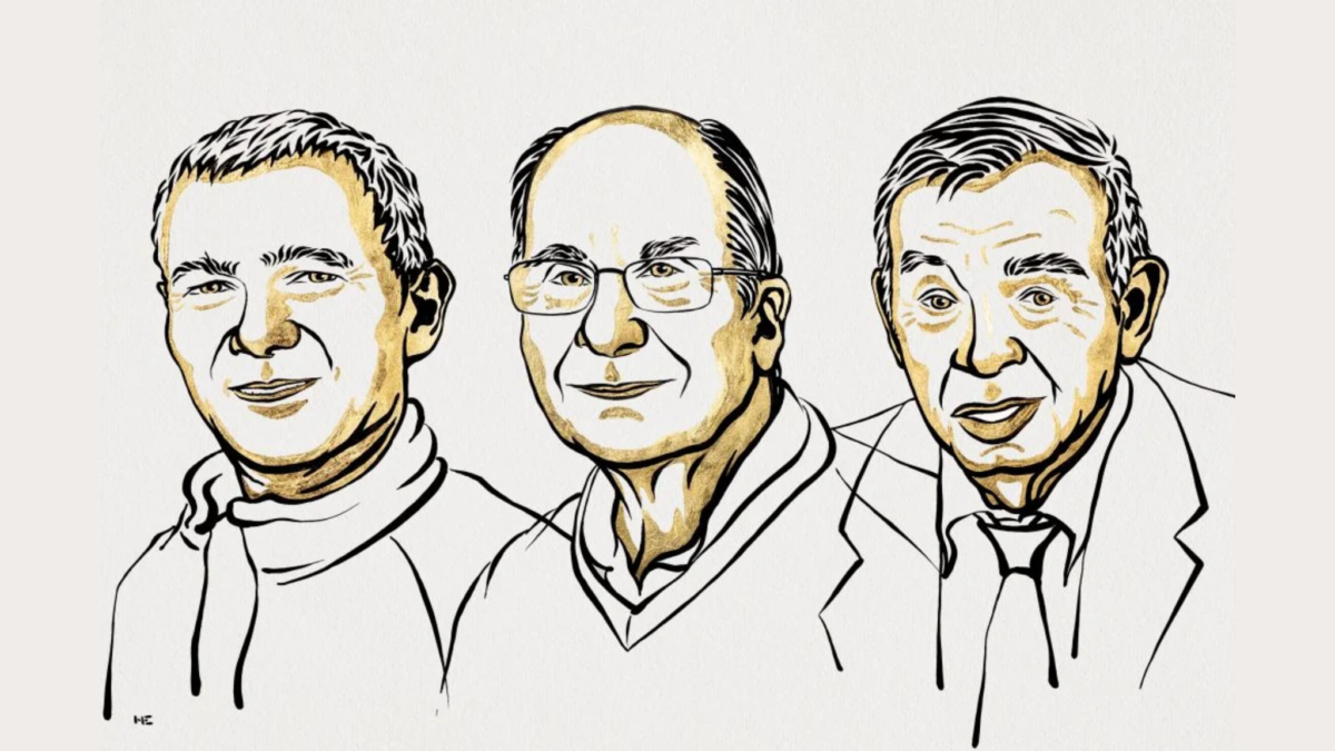 Artist’s rendition of Nobel Prize Chemistry winners Moungi Bawendi, Louis Brus and Alexei Ekimov