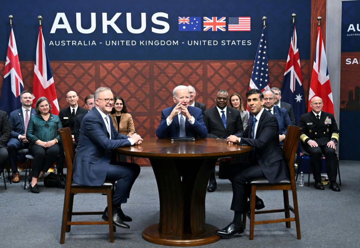 Anthony Albanese, Joe Biden and Rishi Sunak at the Aukus summit.