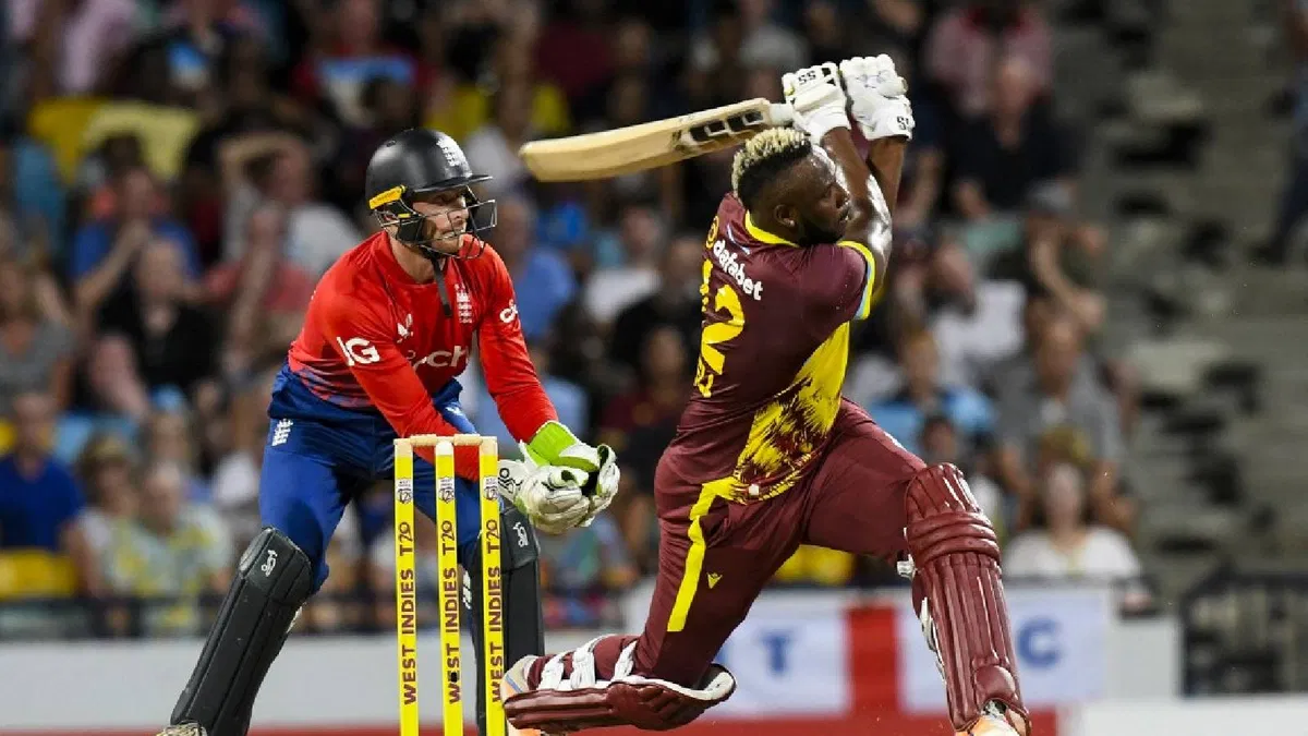 West Indies' Andre Russell taking the centre stage at T20  International match against England