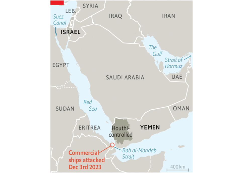 The Red Sea where Houthi rebels are attacking commercial shipping vessels.