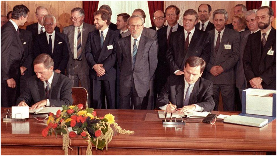 Schäuble along with the East German State Secretary, Günther Krause, co-signed the Unification Treaty on August 31, 1990, after the fall of the Wall of Berlin.