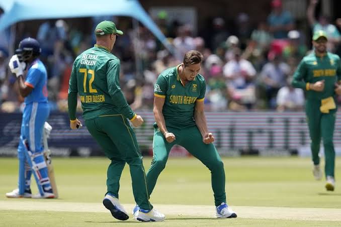 South Africa bowler Nandre celebrates
