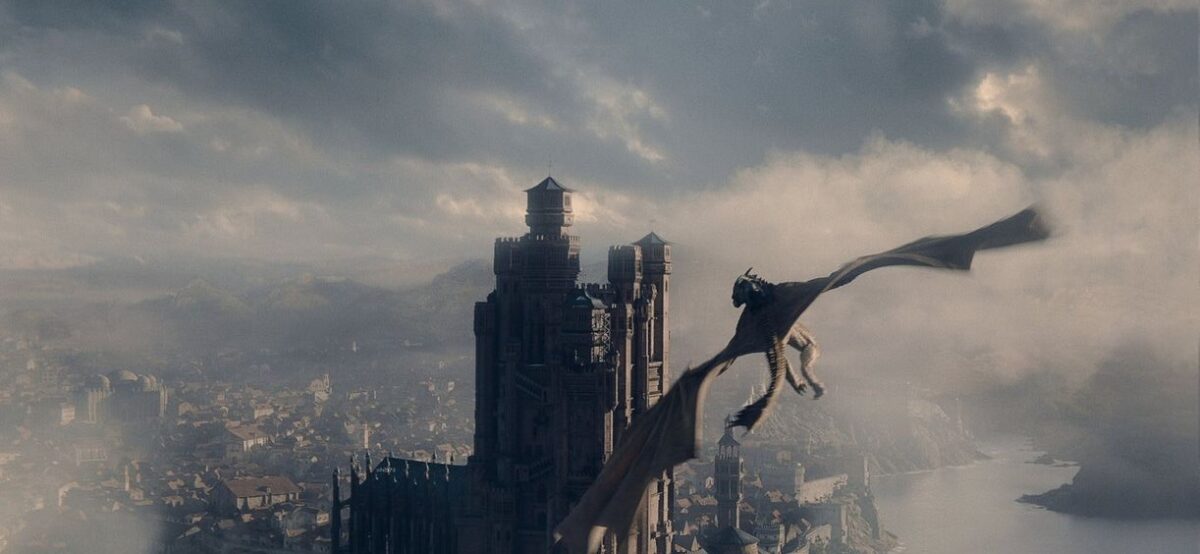 Game of Thrones aerial shot of a dragon