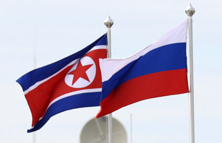 North Korea and Russian National Flag