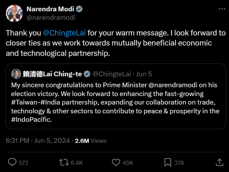 Twitter exchange between PM Narendra Modi and Taiwan President Lai Ching-te