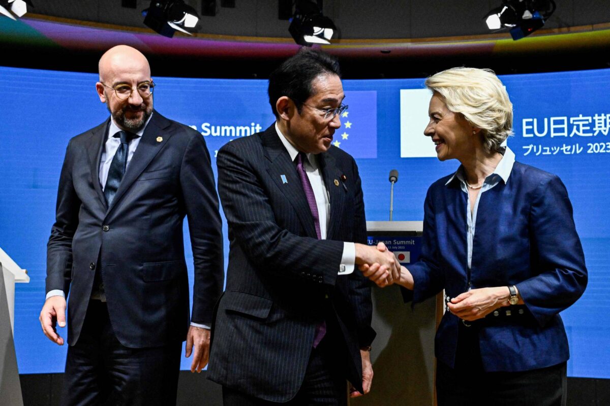 European Council President Charles Michel, Japan's Prime Minister Fumio Kishida and European Commission President Ursula von der Leyen at the 29th EU-Japan Summit in 2023. (Image: AFP)