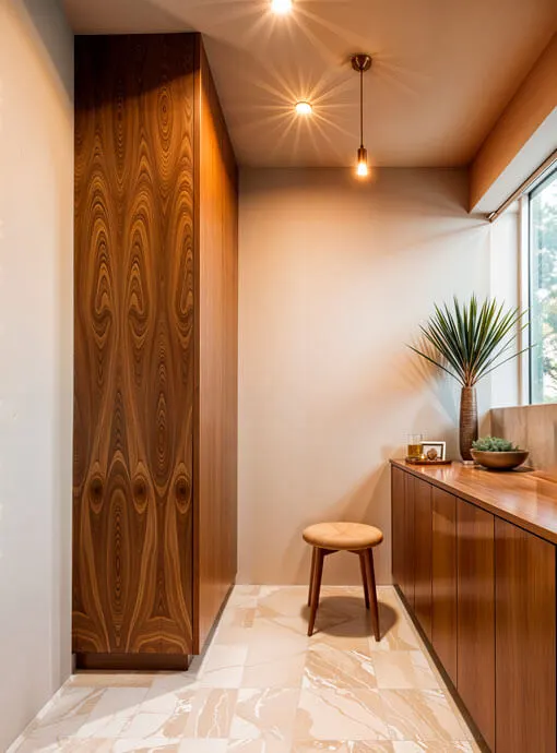 A minimalistic moder wooden kitchen vanity with table top celing lights and counter chairs