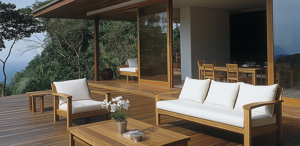 A lobby area with wooden furniture and wood decking