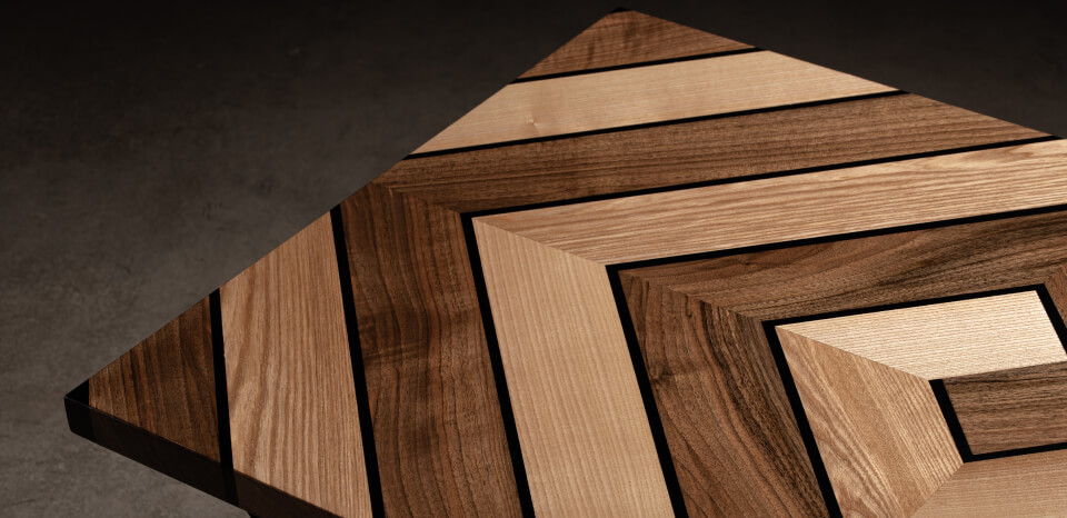 A wooden table with stripe design coated with JAT Sayerlack wood coating