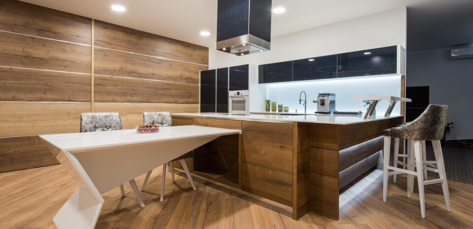A kitchen area coated with JAT Sayerlack wood coating