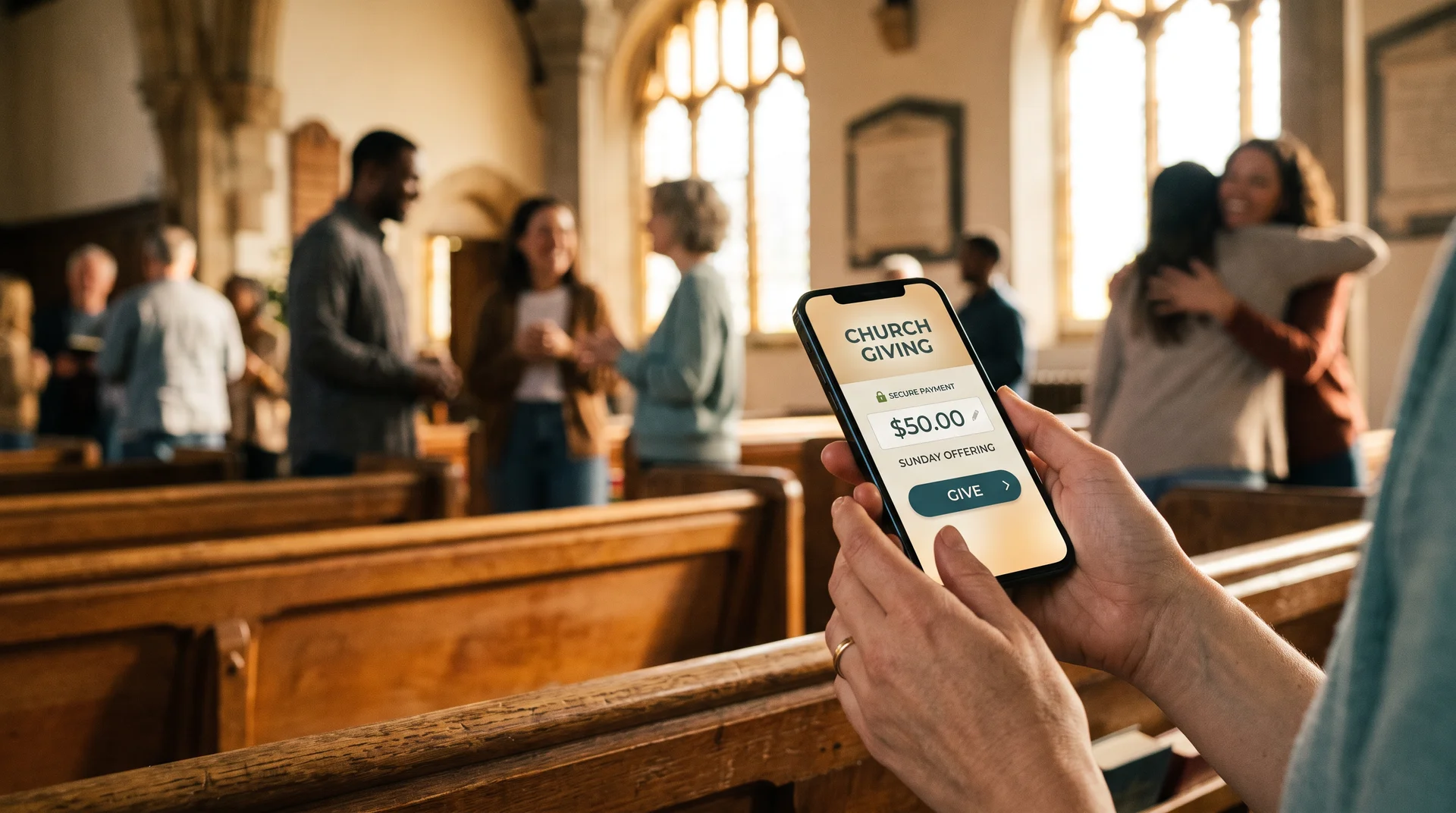 A person in a church pew holds a phone showing a secure church giving screen with a $50 Sunday offering and a Give button, while congregants chat in the background
