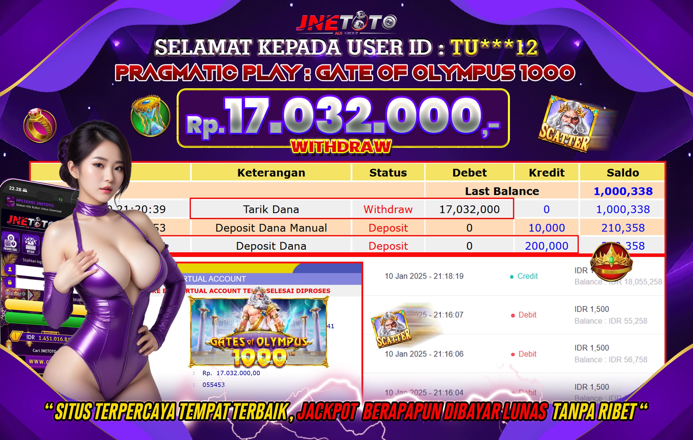 Bukti Jackpot JNETOTO Di Slot Gate Of Olympus 1000  Rp.17.032.000 LUNAS!