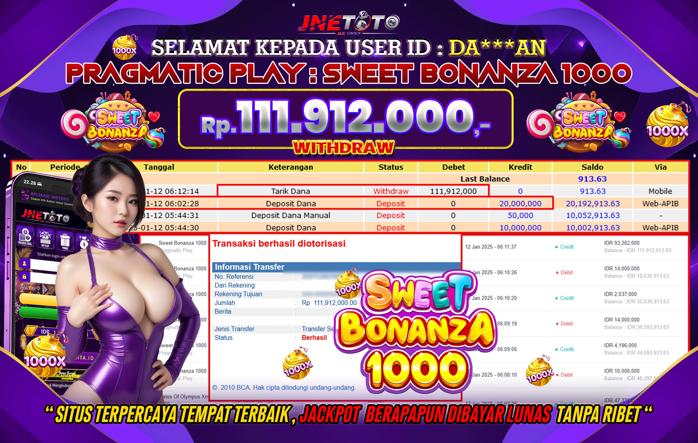 Bukti Jackpot JNETOTO Di Slot Sweet Bonanza 1000  Rp.111.912.000 LUNAS!