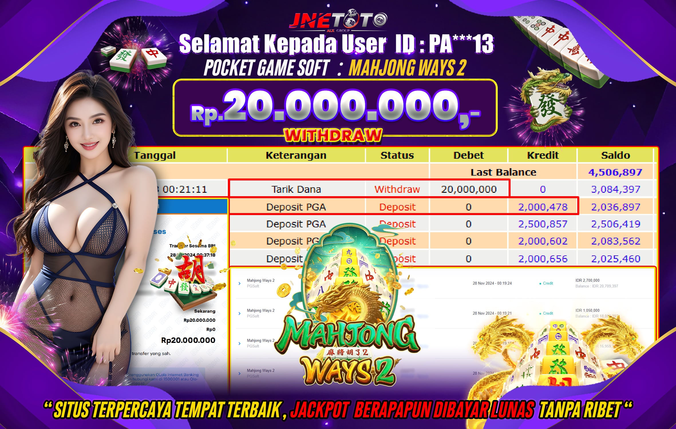 Bukti Jackpot JNETOTO di Slot Mahjong Ways 2 Rp.20.000.000 LUNAS!