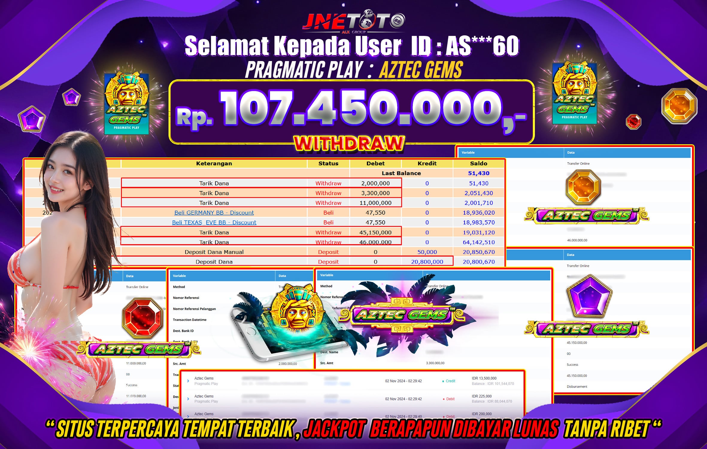 Bukti Jackpot JNETOTO di Slot Aztect Gems Rp.107.450.000 LUNAS!