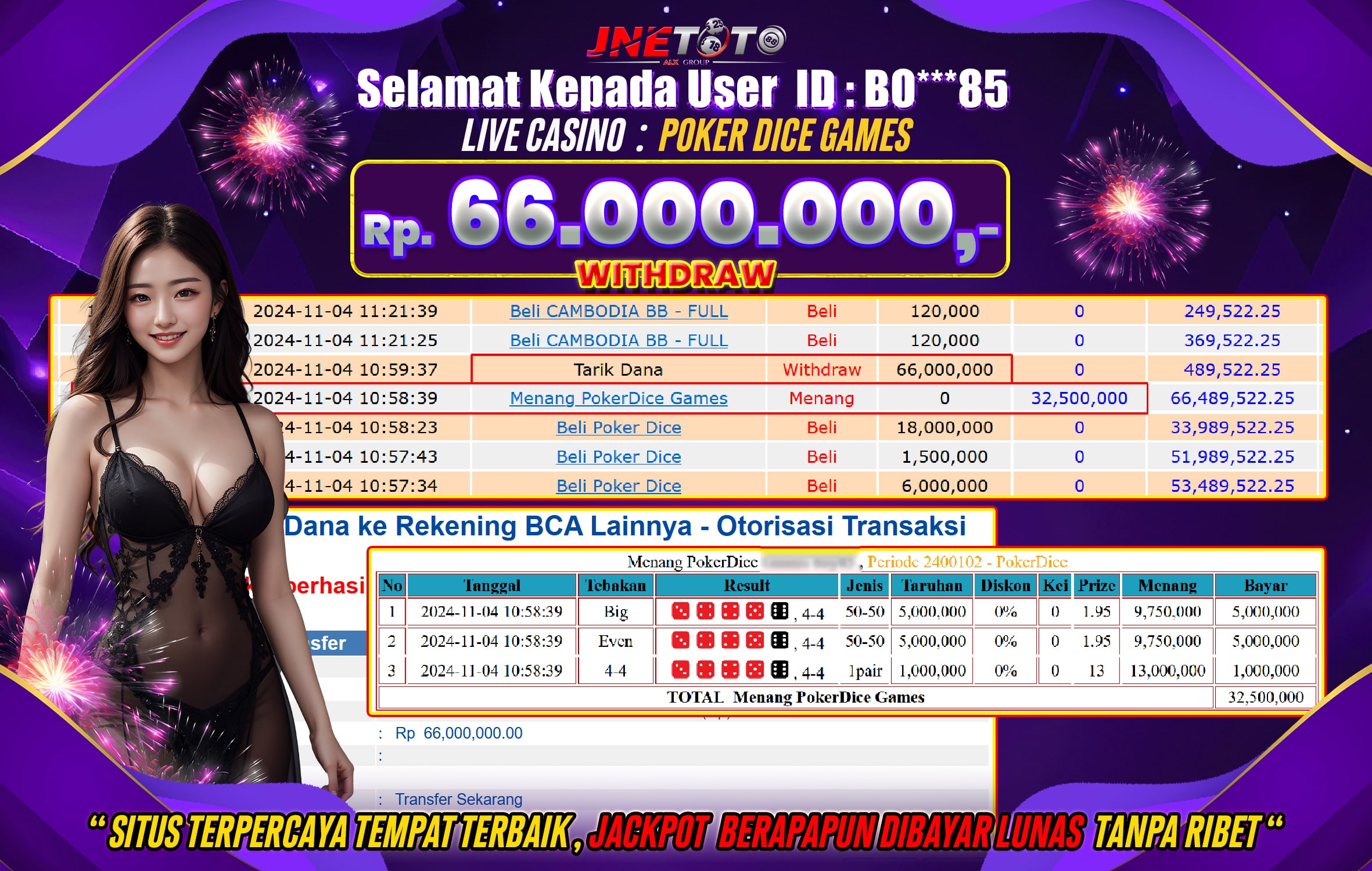 Bukti Jackpot JNETOTO di Live Casino Poker Dice Games Rp.66.000.000 LUNAS!