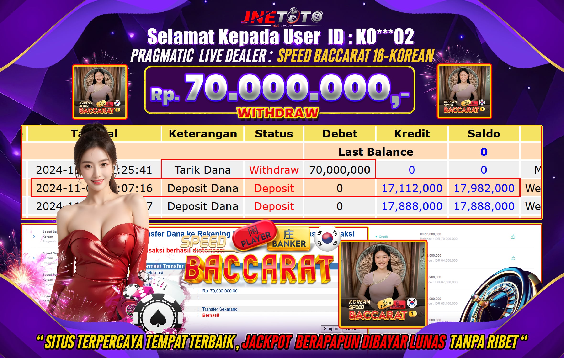Bukti Jackpot JNETOTO di Live Casino Speed Baccarat 16 - Korean Rp.70.000.000 LUNAS!