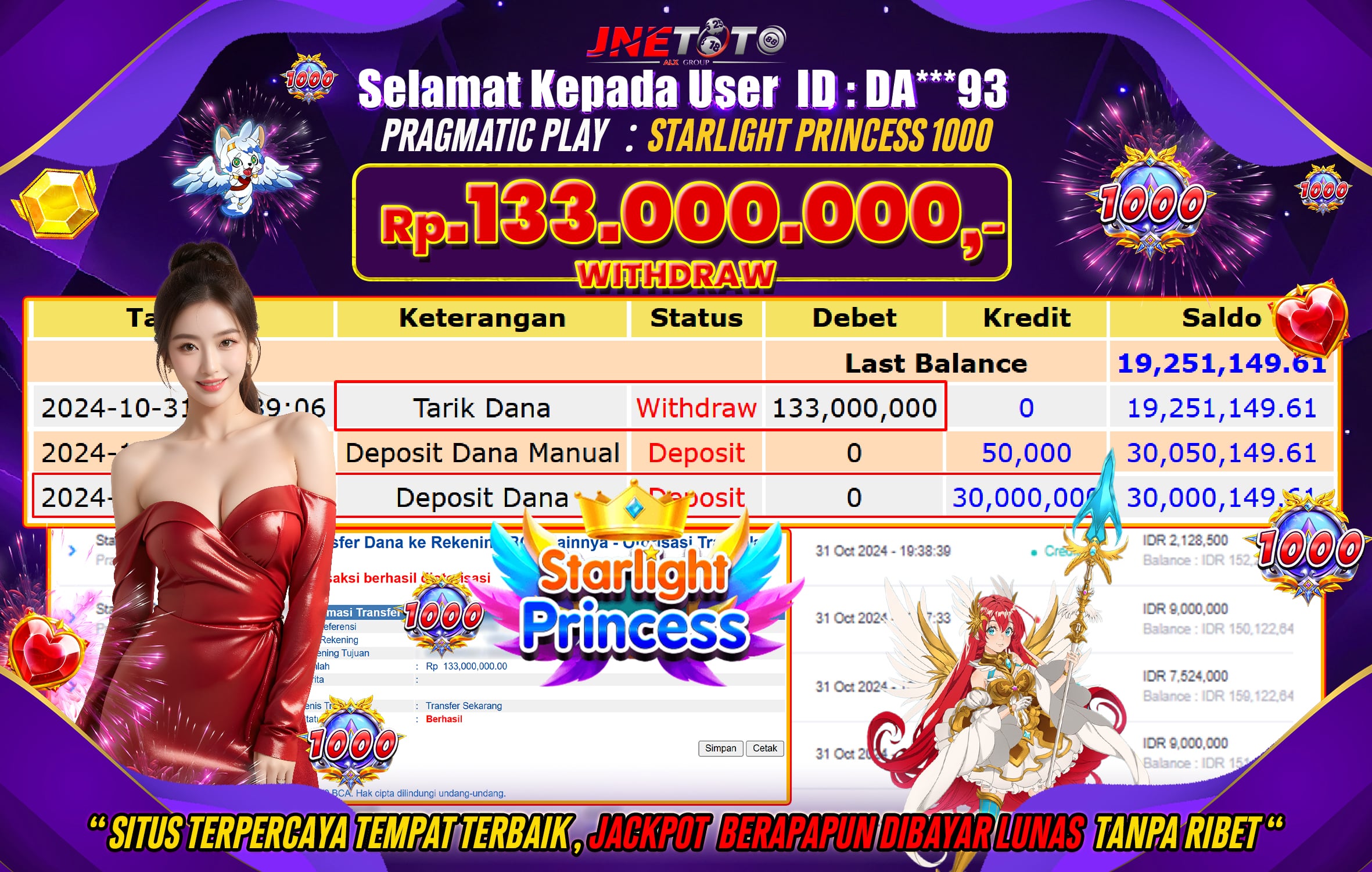 Bukti Jackpot JNETOTO di Slot Starlight Princess 1000 Rp.133.000.000 LUNAS!